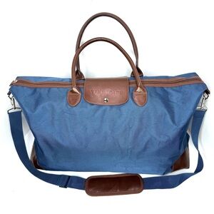 Von Maur Tote Bag Large Brown Blue Weekender Shopping Travel Duffle Zip Close